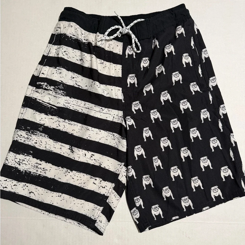 monument, black & white 'bulldogs'‎ lined swim trunks shorts, men's small #1384